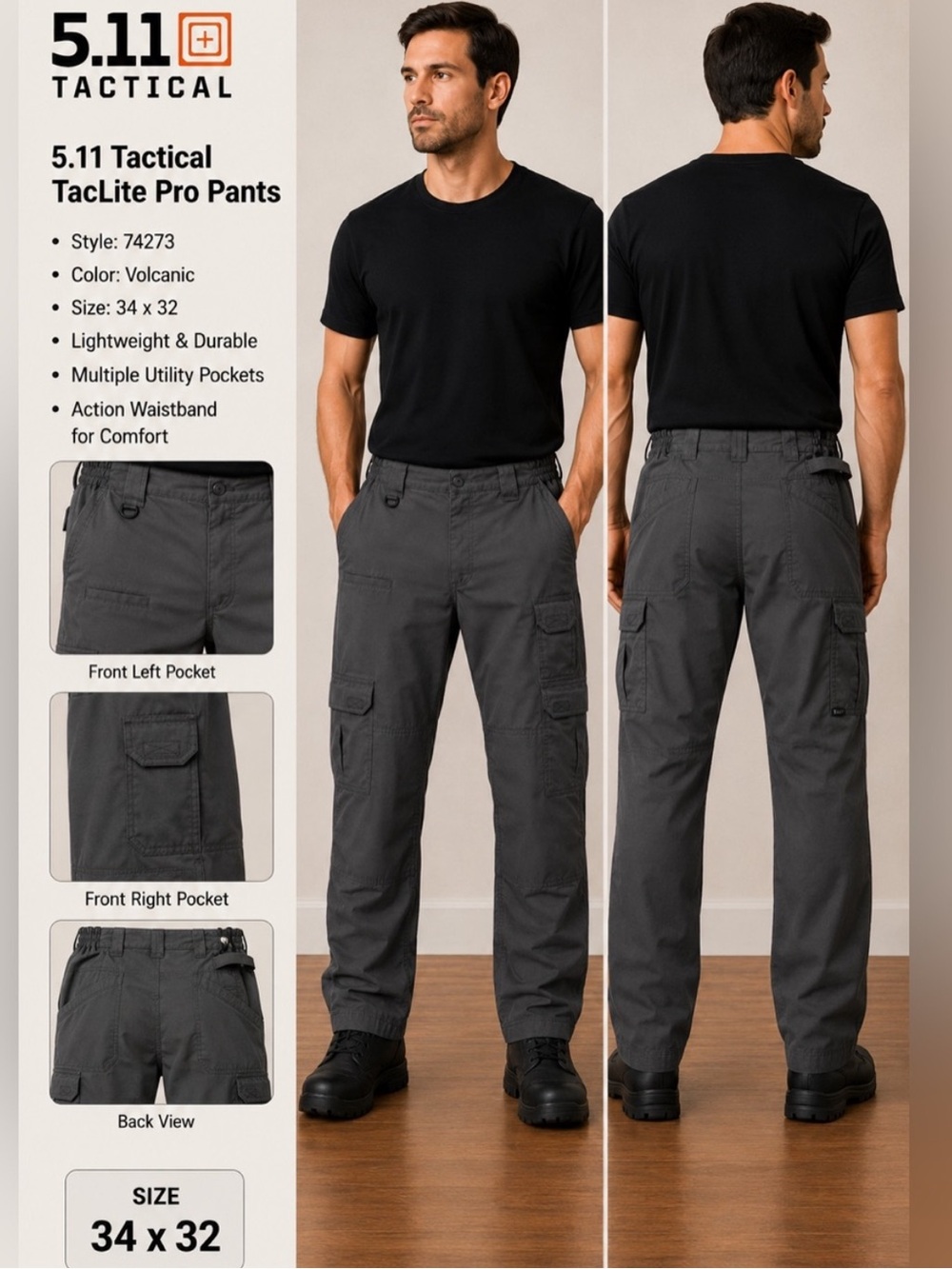 5.11 Tactical TacLite Pro Men’s Cargo Pants Volcanic Gray 34x32 Style 74273